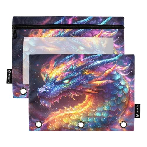 Pencil Pouch for 3 Ring Binder, Colorful Rainbow Dragon Large Pencil Case Clear Window Pen Bag, Zipper Binder Pouch Accessories for Office School Supplies, 2 Pack - color: A002, size: 9.84 x 7.08 x 0.19 in