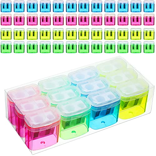 Tenare 48 Pcs Back to School Pencil Sharpeners Manual Double Hole Pencil Sharpener with Lid Hand for Home School Office, Graduation Gifts Handheld Plastic Crayon Sharpener