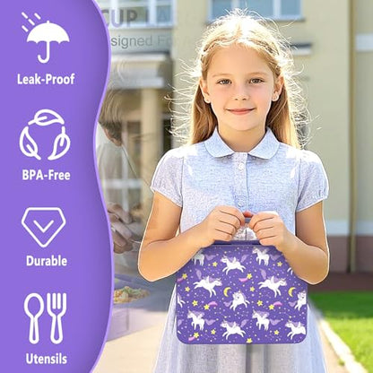 Chill Lunch Box Kids, Leak Proof Adult Bento Box with Ice Pack, 6 Compartment Lunch Container with Utensils for Girl Boy Back to School, 5.5-Cup Capacity, Dishwasher Safe, BPA Free - color: Purple-Horse