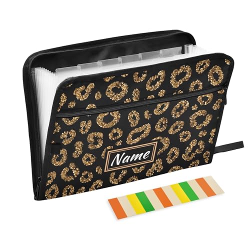 Gold Glitter Leopard Custom Expanding File Folder, 13 Pockets Personalized Name Accordion File Organizer with Sticky Labels Zipper Portable A4 Document Organizer for Home Office School Supplies - color: A3