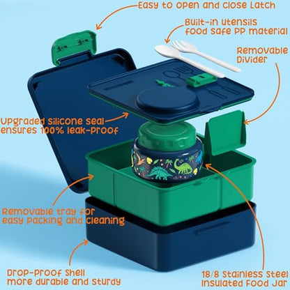 Fimibuke Bento Lunch Box for Kids Adult, 3-4 Compartment 60OZ Toddler Lunch Box Container with Leakproof 8OZ Insulated Food Jar, Sauce Jar, Utensil for School Boys Girls, BPA-Free Dishwasher Safe - color: B5.Jungle Dinosaurs