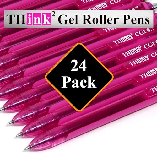 [24 Pens - Pink Ink] Think2 0.7mm CGI Retractable Gel Pens. (24 Pink) Medium Point Rollerball Pens with Smooth Quick Drying Ink. - color: Pink