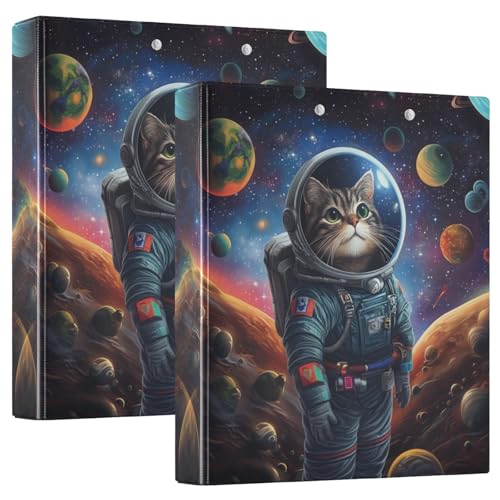 Outer Space Themed Astronaut Cat 3 Ring Binder 1.5" Decorative D-Ring Binder with Clipboard&3 Clear Pockets, Holds 200 Sheets A4 Size Paper Waterproof Binders for School Home Office|2 Pack - color: Astronaut Cat, size: 12.4x10.63x2.36 Inch-2 Pack