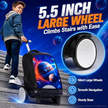 gxtvo Large Wheels & Quiet Glide | Rolling Backpack for Kids - Water-Resistant Wheeled Bag with Lunch Box for School, Travel & Outings - Space Planets - color: Rolling Backpack Space Planets Black