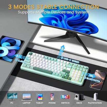 Redragon K742 Wireless Mechanical Gaming Keyboard with Knob, Bluetooth 5.0/2.4GHz/USB C Wired Creamy Keyboard with Number Pad for PC Computer, RGB Backlits, Hot-Swappable with Linear Switches (Green) - color: Green