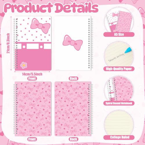 Hello Pink Cat Spiral Notebooks - 2 Pack Cute Pink Bow Design A5 College Ruled Journal with 50 Sheets 100 Pages, Office Travel Back to School Supplies Birthday Gift for Kids (Bow Kitten)