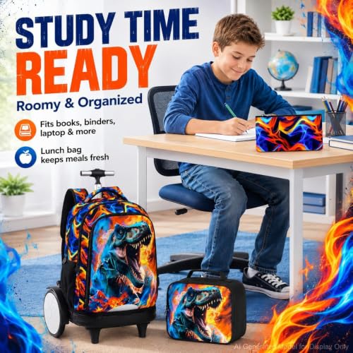 3Pcs Large Rolling Backpack for Boys, 20 Inch Detachable Wheeled Bookbag with Lunch Box, Durable Fire Dinosaur Roller Backpack for Elementary Middle School (Red) - color: Large Wheels Dinosaur Red