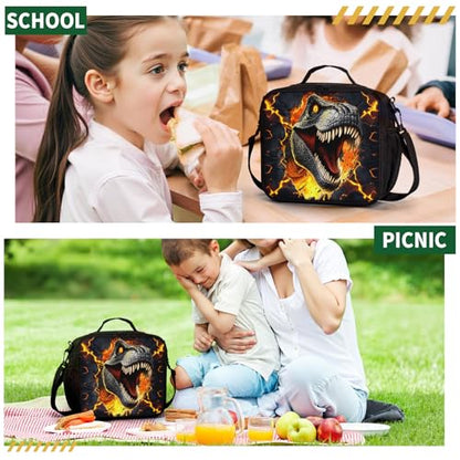 Dinosaur Lunch Box with Shoulder Strap for Kids T-rex Out of Lava Lunch Boxes for Boys Girls Durable Insulated Lunch Cooler Bag Thermal Meal Tote for School Picnic - color: A-T-rex
