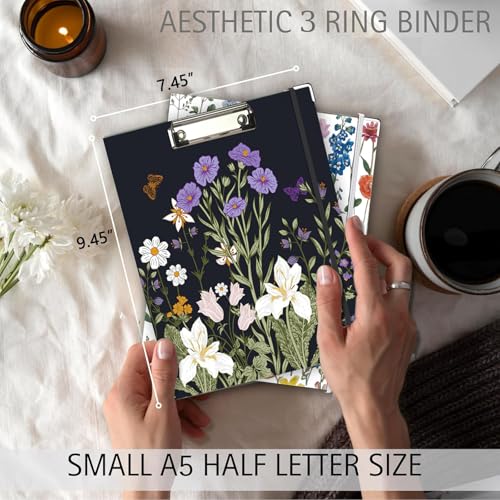 Mini Binder 3 Ring 1 Inch for 5.5"x8.5" Paper, Cute Small Three Ring Binders with Clipboard, 5-Tab Dividers, Spine ID Label Holder, BVSSX A5 Binder with Pen Holder, Black Weeds - color: Black Weeds, size: 1in（5.5"X8.5"）