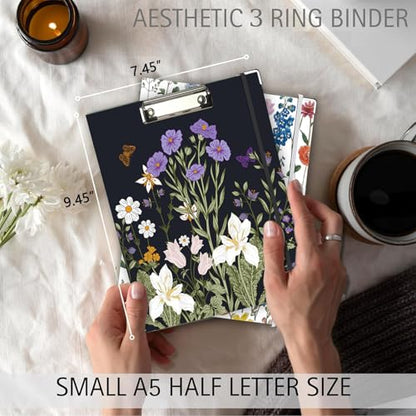Mini Binder 3 Ring 1 Inch for 5.5"x8.5" Paper, Cute Small Three Ring Binders with Clipboard, 5-Tab Dividers, Spine ID Label Holder, BVSSX A5 Binder with Pen Holder, Black Weeds - color: Black Weeds, size: 1in（5.5"X8.5"）