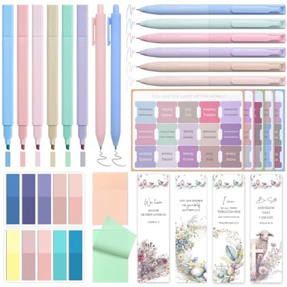 Bible Study Supplies Journaling Kit for Women, Bible Study Kit with 14 No Bleed Highlighters and Pens, 2 Transparent Sticky Notes, 2 Index Stickers, 75 Tabs for Christian Gifts - color: Multicolor