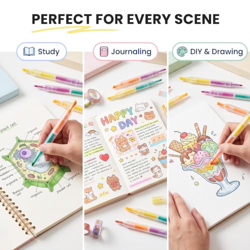 12 Colors Dual-Tip Layering Highlighters, Soft Tips Won’t Scratch Paper, Good Sealing Prevents Ink Drying and Leakage