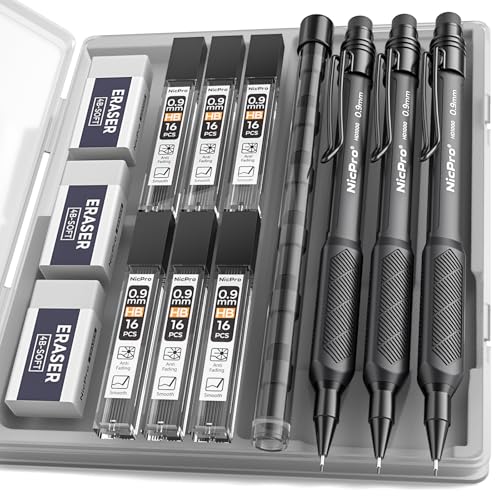 Nicpro Art Mechanical Pencil 0.9mm with Case, 3PCS HD1000 Hevey Duty Lead Pencils With 6 Tube HB 0.9 Lead Refill, Eraser, Weatherproof Barrel Pencil Set for Outdoor Writing Drafting Drawing Sketching - style: 0.9mm(3 Pcs)