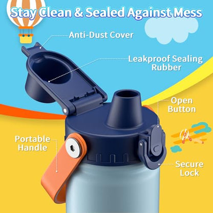 baab 18oz Kids Water Bottle, Insulated Kids Water Bottle with Lockable Spout Lid & Stickers, 18/8 Stainless Steel Vacuum Leakproof Kid Water Cup with Handle for Boy & School (Light Blue+Navy Blue) - color: Light Blue+Navy Blue, size: 18 Ounces