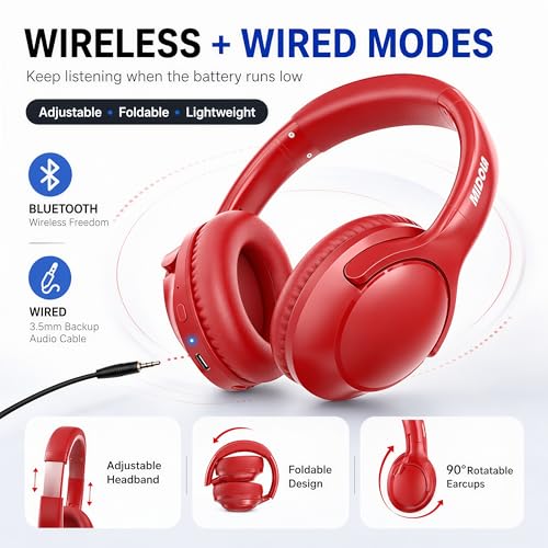 MIDOLA Bluetooth Headphones Over Ear, 68H Playtime Wireless Headphones with Microphone, 6 EQ Modes, HiFi Stereo Deep Bass, Foldable Lightweight Headset for Home Office, Cellphone, PC, Red - color: Red