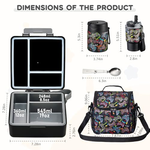 Pawtong Lunch Box Set with Bento Box Container, 17OZ Stainless Steel Food Soup Thermo, Kids Water Bottle & Portable Insulated Lunch Bag – Leakproof, Hot/Cold Retention for School, Travel (Black-Game) - color: Black-Game