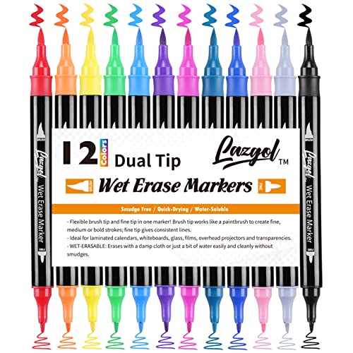 Wet Erase Markers Dual Tip, Lazgol 12 Assorted Colors, Dual Tip Brush & Fine Overhead Transparency Smudge Free Markers for Dry Erase Whiteboard, Refrigerator Calendars, Glass, Films and Any Kind of - style: 12 Colors(Dual Tip)