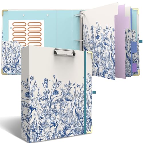 3 Ring Binder 2 Inch, Cute Round Ring Binders with 6 Tab Dividers, Labels Stickers, Low Profile Clipboard with Storage, Fashion Binder School Office Supplies(Vintage Blue Florals) - color: Vintage Blue Florals