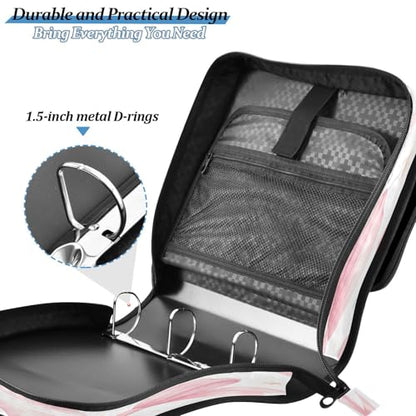 Kigai Bows 3 Ring Zipper Binder Organizer, Large Capacity Binder Bag Holds 500 Sheets, Water Resistant Multi-Pocket Binder with Shoulder Strap for School Office Teachers