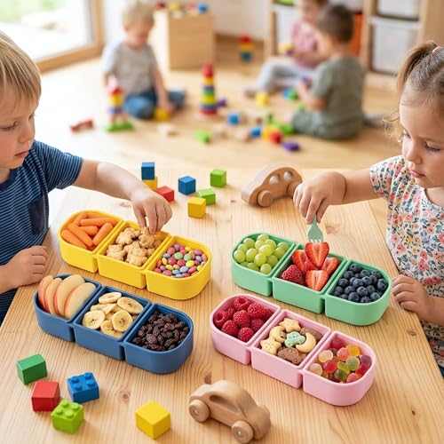 Silicone Reusable Snack Containers with Lids, 4 Pack 3 Compartment Bento Snack Boxes, Leakproof Food Storage Containers for Meal Prep, Lunch, Fruits, Kids & Adults, Dishwasher Safe - color: 3-Compartment (4-Pack)