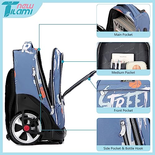NEW TILAMI 19 inch Rolling Backpack Teens Rolling Backpack Cute Wheeled Laptop Backpack Bookbag Roller Travel Bag College, Basketball Street - color: Blue Basketball Street