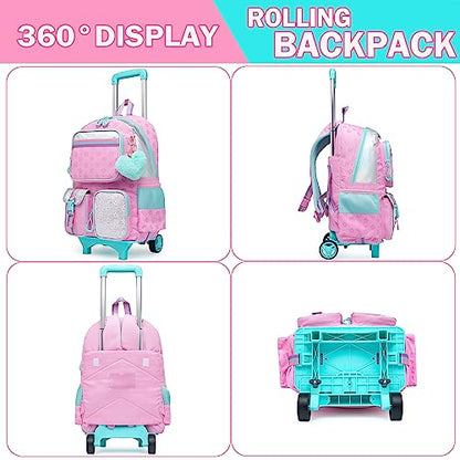 Meetbelify Pink Backpack with Wheels for Kids - Cute Carry On with Lunch Box & Pencil Case for Elementary Students - Travel Suitcase for Girls 8-10 - color: Star Pink