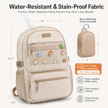 LOVEVOOK Laptop Backpack, 17" Carry On Airline Approved, Personal Item Bag Meets FAA Size, Trolley Sleeve Slides Over Suitcase, Waterproof Daypack for Travel College with Mini Pouch - color: Beige - Light Pink, size: 17 Inch