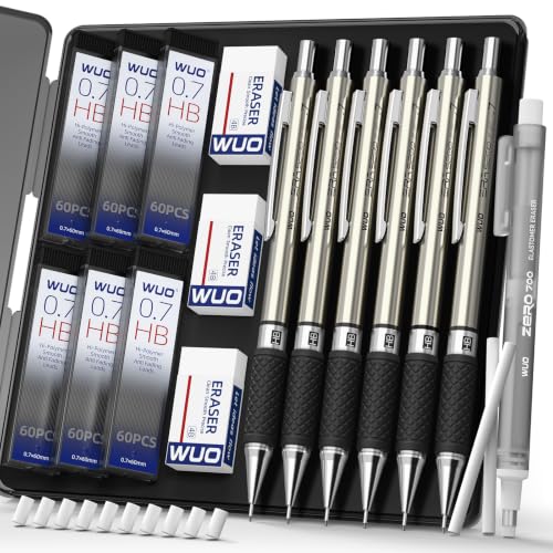 WUO 0.7mm Mechanical Pencil Set in Storage Case, 6PCS Metal Drafting Pencils with 360 HB Lead Refills, 1 Eraser Pen, 3PCS 4B Erasers, 12 Eraser Refills for Student Artist Writing, Drawing, Sketching