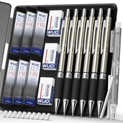 WUO 0.7mm Mechanical Pencil Set in Storage Case, 6PCS Metal Drafting Pencils with 360 HB Lead Refills, 1 Eraser Pen, 3PCS 4B Erasers, 12 Eraser Refills for Student Artist Writing, Drawing, Sketching