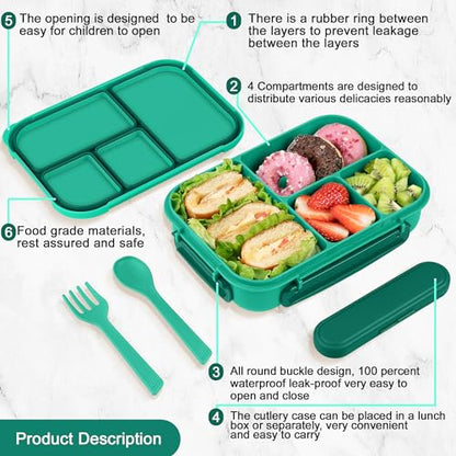 Amathley Lunch Box Kids,Bento Box Adult,Leakproof Lunch Containers for Adults/Kids/Toddler,1200ML-4 Compartments bento Lunch box with Utensil,Microwave & Dishwasher & Freezer Safe (Green) - color: Green