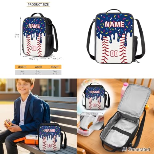 Personalized Baseball Drip School Backpack Kids Bookbag for Boys Girls,Custom Text Name Number 4 Piece Navy Ice Cream Baseball Backpacks with Lunch Box, Pencil Case & Water Bottle Sleeve - color: X-custom