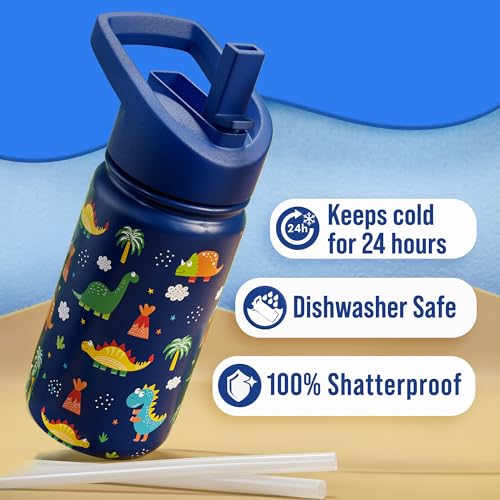 Klevly Stainless Steel 14 OZ Kids Water Bottle with Straw | BPA-Free Insulated Water Bottle with Leak-Proof Lid | Dinosaur Kids Water Bottle for School | Kids Stainless Steel Water Bottles - color: Dinosaur