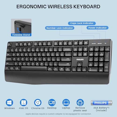 PHILIPS Wireless Keyboard and Mouse Combo-Ergonomic Keyboard and Mouse Wireless Combo,Plug n' Play,Sleep Mode and 2.4GHz Keyboard for Mac, Windows, Laptop-SPT6348 - color: Black
