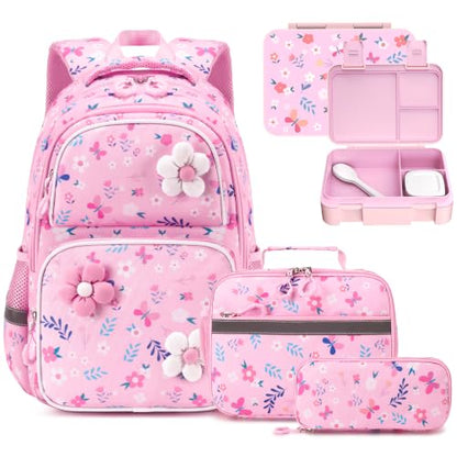 Kids Backpack for Girls 4-8, Cute 3D Soft Flower Toddler Backpack with 34oz Lunch Box, Insulated Bag, Pen Case & Utensils, School Bookbag for Preschool Kindergarten Elementary Student - color: Flowers