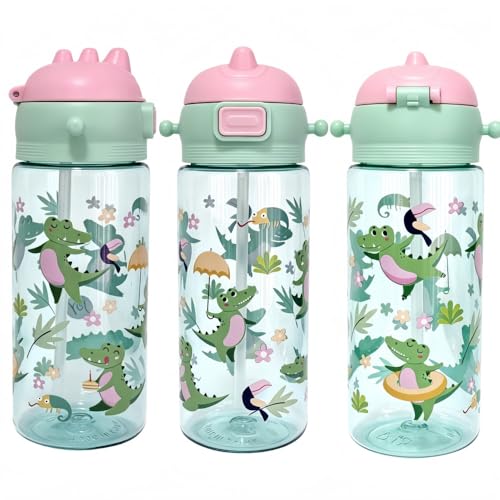 20oz Leak Proof Kids Water Bottle with Detachable Strap, Crocodile | Sturdy, Shock-Resistant, Large Capacity, One-Touch Lid Opening, with Straw for School and Travel, BPA Free, Dishwasher Safe - color: Crocodile
