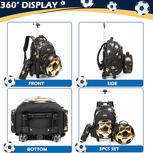 Kids Rolling Backpack Roller Backpack with Wheels Elementary Kindergarten School Students Football Trolley School Bag for School Boys - color: Football Black