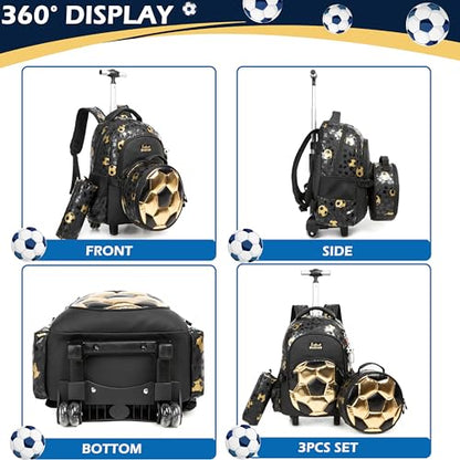 Kids Rolling Backpack Roller Backpack with Wheels Elementary Kindergarten School Students Football Trolley School Bag for School Boys - color: Football Black