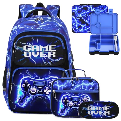 Bevalsa Kids Backpack for Boys with Bento Lunch Box, Insulated Bag & Utensils, 43oz Lunch Containers with 6 Compartment, Gamer Backpack School Bags for Elementary Middle School Student (Lightning) - color: Lightning