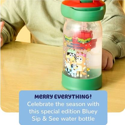 The First Years Sip & See Holiday Bluey Toddler Water Bottle - Includes Floating Charm - Spill Proof Toddler Cup with Straw - Dishwasher Safe with Flip Top Straw Cover - 13 Oz - style: Bluey Christmas