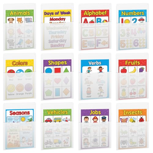 Fuutreo 12 Pcs Clear Plastic Oversized Wall Pockets 12.6" x 9.4" Inches Hanging Wall Mounted File Holder Mail Organizer for Classroom Bulletin Boards Home Office School - color: Clear