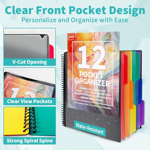 Binditek 12-Pocket Poly Project Organizer, 6 Dividers, Black | Multi Pocket Folder, Heavyweight Poly Cover, Clear Front Pocket, 1/3-Cut Tabs, Fixed Zipper Pouch, Letter Size - color: Black