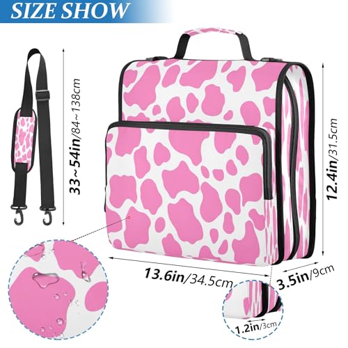 3 Ring Zipper Binder Pink Cow Print Binder Organizer Portfolio with File and Shoulder Strap & Handle Large Capacity File Folder - color: Pink Cow Print