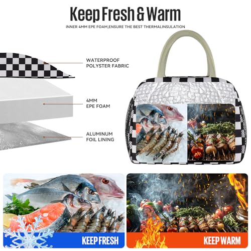 Lunch Bag Women/Men Lunch Box Women/Men (Black+White Checkerboard) | Spacious Lightweight Waterproof Sturdy Durable Great Value For Office Work School Picnic Travel - color: Black+White Checkerboard