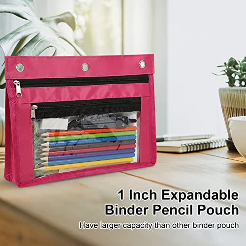YoeeJob 2 Pack 1 Inch Expandable Zipper Pencil Pouches with Clear Window for 3 Ring Binder, Suitable for School & Office（Rose red） - color: Rose