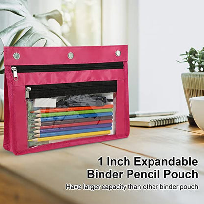 YoeeJob 2 Pack 1 Inch Expandable Zipper Pencil Pouches with Clear Window for 3 Ring Binder, Suitable for School & Office（Rose red） - color: Rose