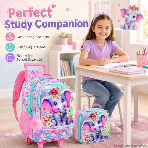 3Pcs Rolling Backpack for Girls, Elephant Roller Bookbag with Lunch Box, Kids School Backpacks with Wheels for Elementary Preschool(Pink) - color: Elephant Pink