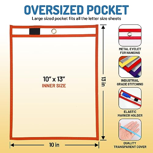 Dry Erase Pockets 30 Pack - 10 x 13 Reusable Dry Erase Pocket Sleeves for Work & School Worksheets - Heavy Duty Clear Pocket Sleeves - Quickly Wipe to a Flawless Clean (Multicolor)