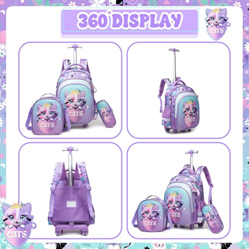 Meetbelify Cute Cat Girls Rolling Backpack with Wheels Kids Luggage for Elementary Students Trolley Trip Carry On Bag for Girls Ages 6-8 - color: 01 Cat