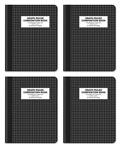 Better Office Products Quad Ruled Composition Book Notebook, 4 Pack, Hardcover 4x4 Graph Ruled Paper, 80 Sheets, 9.75" x 7.5", Black Cover, 4 Pack
