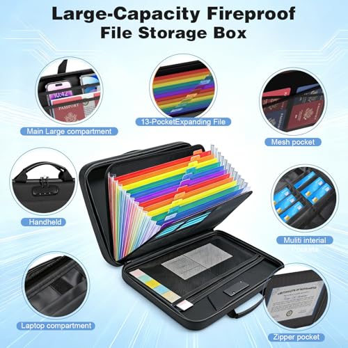 Portable Fireproof Document Box, 13-Pocket Accordion File Organizer, Lock-Safe Hard Case with Handle, Waterproof Folder for Important Documents, Cash, Home & Office